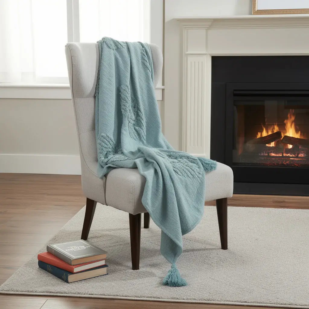 50" X 60" Teal And Blue Cotton Woven Ikat Throw Blanket with Fringe - Homeroots - Flyclothing LLC