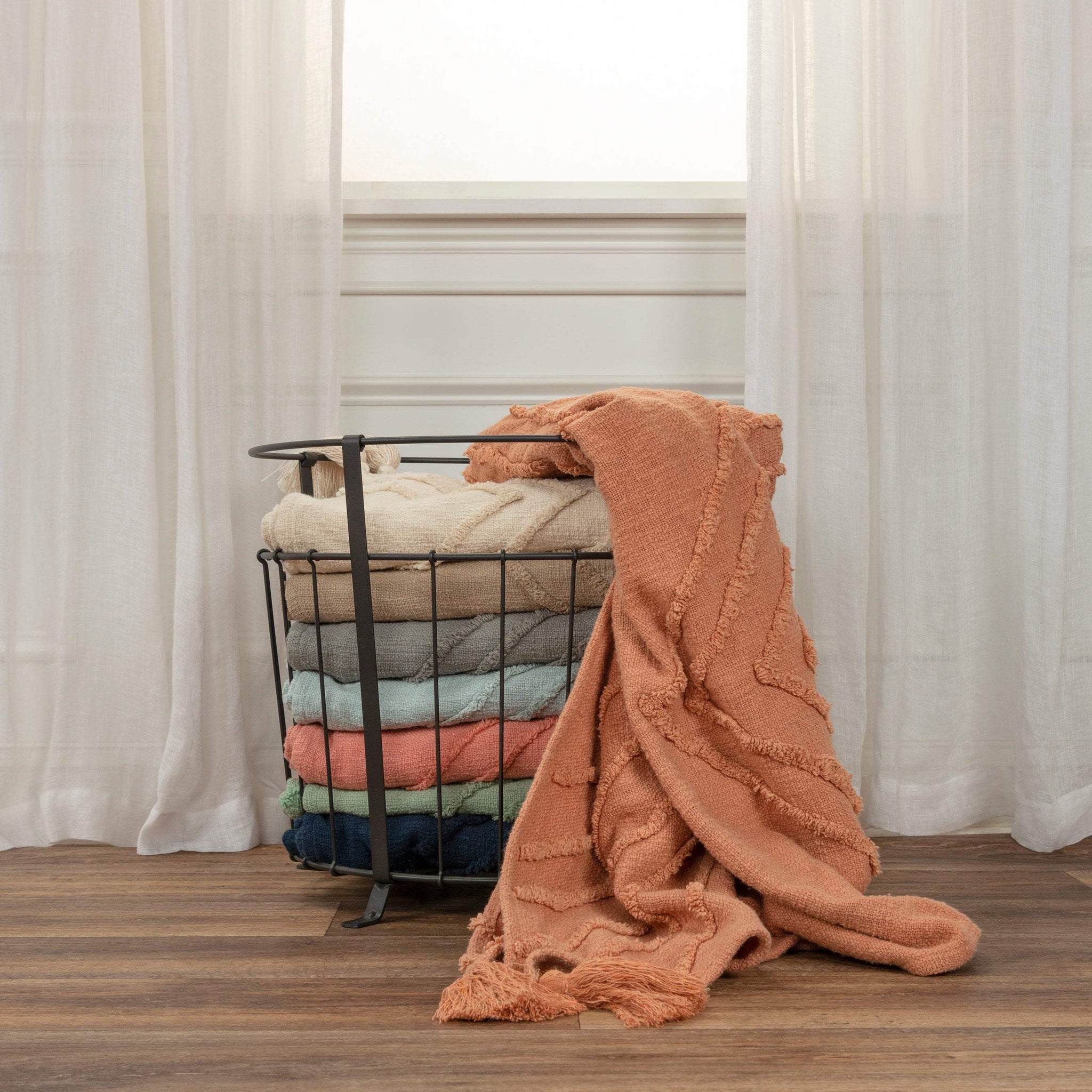 50" X 60" Terra Cotta Cotton Woven Geometric Throw Blanket with Fringe - HomeRoots - Flyclothing LLC
