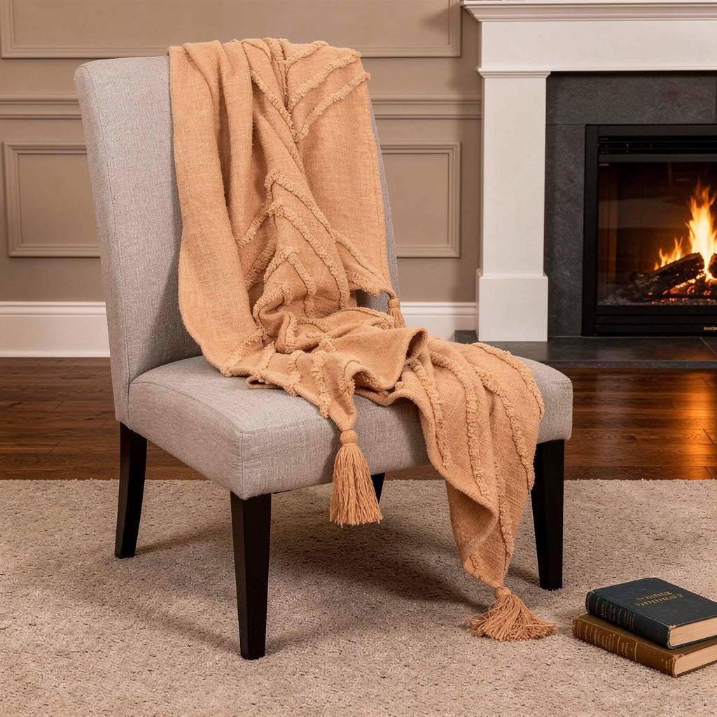 50" X 60" Terra Cotta Cotton Woven Geometric Throw Blanket with Fringe - HomeRoots - Flyclothing LLC