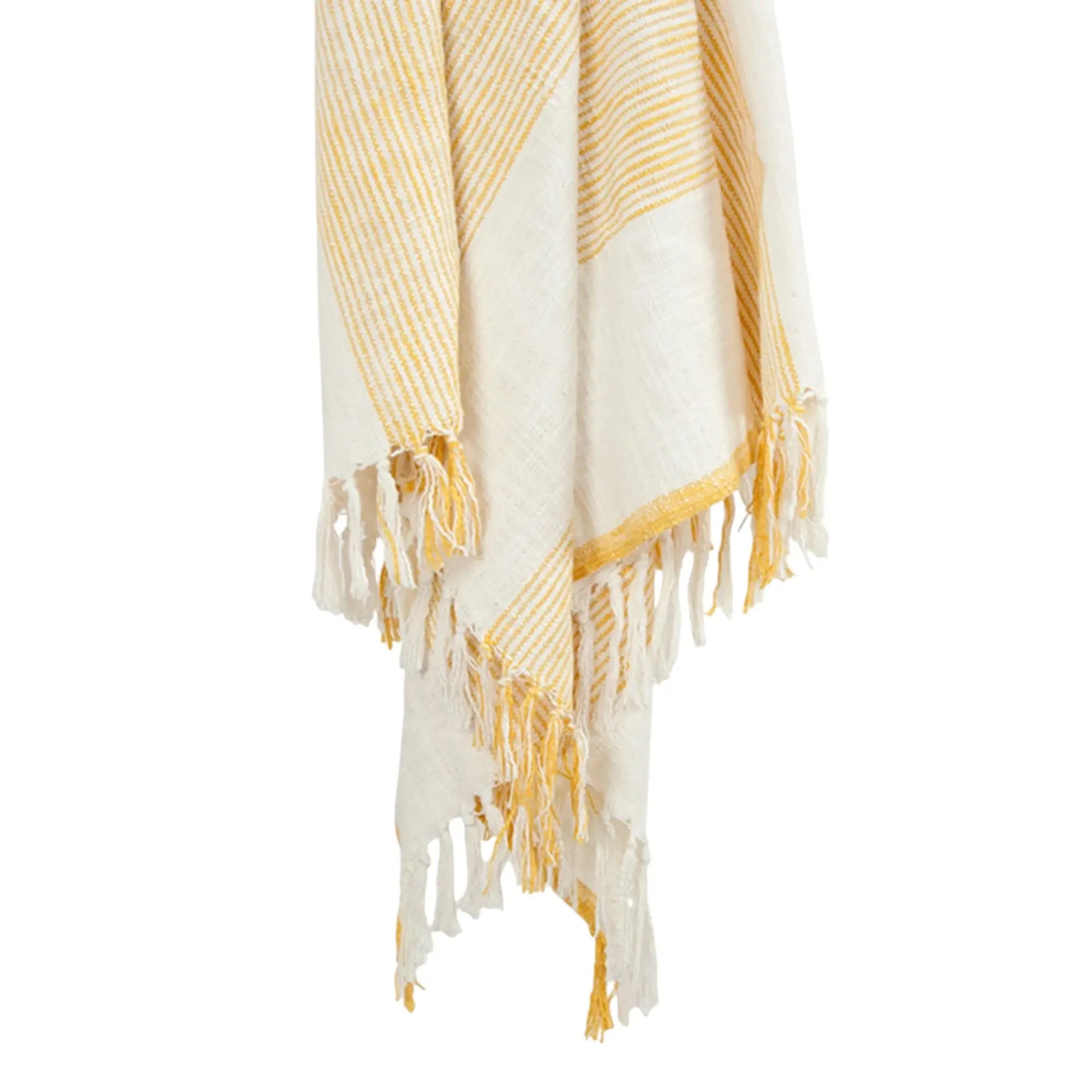 50" X 60" Yellow And Ivory Cotton Woven Striped Throw Blanket with Fringe - Homeroots - Flyclothing LLC