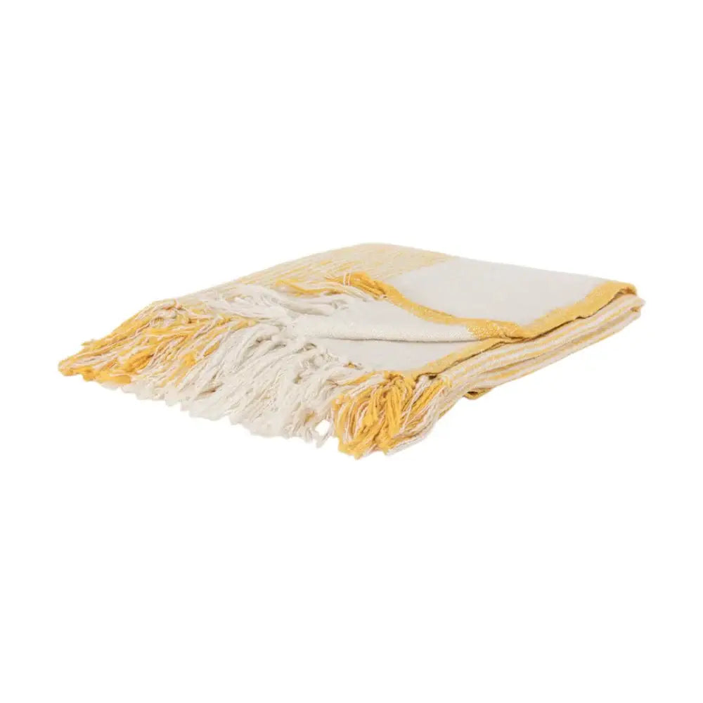 50" X 60" Yellow And Ivory Cotton Woven Striped Throw Blanket with Fringe - Homeroots - Flyclothing LLC