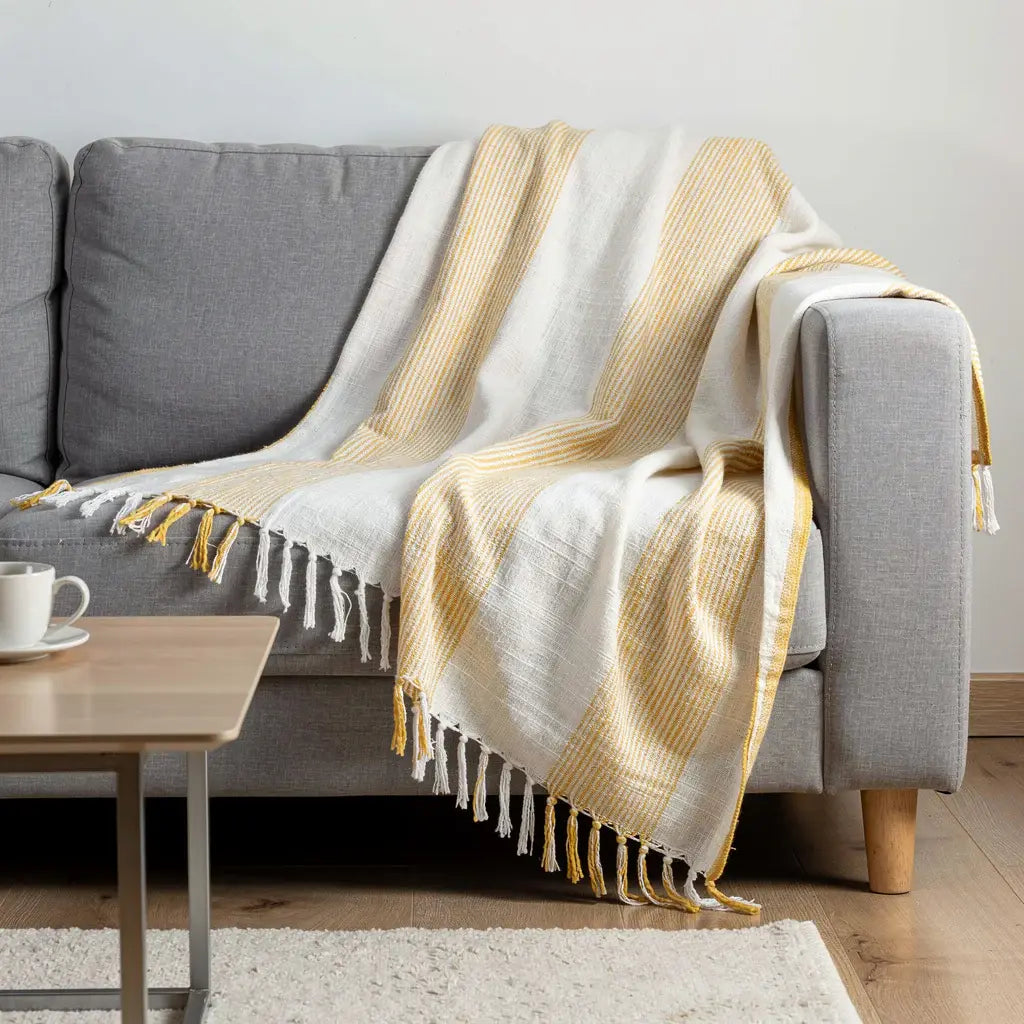 50" X 60" Yellow And Ivory Cotton Woven Striped Throw Blanket with Fringe - Homeroots - Flyclothing LLC