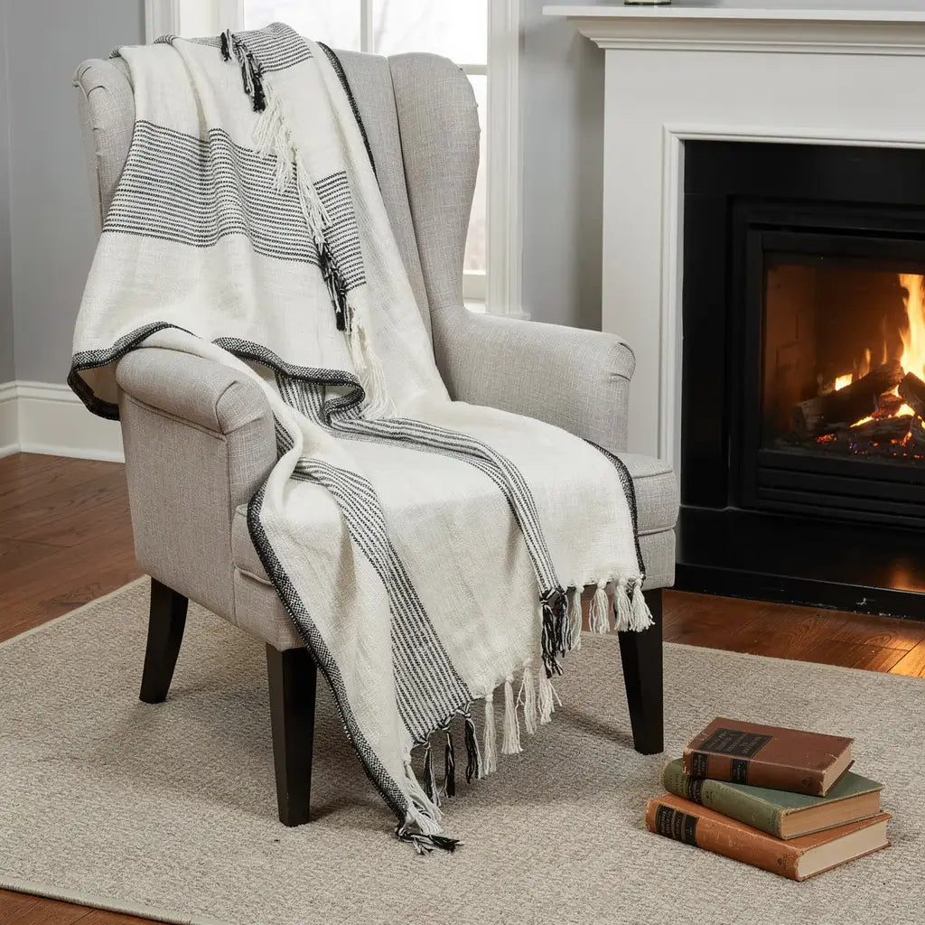 50" X 60" Black And Ivory Cotton Woven Striped Throw Blanket with Fringe - Homeroots - Flyclothing LLC