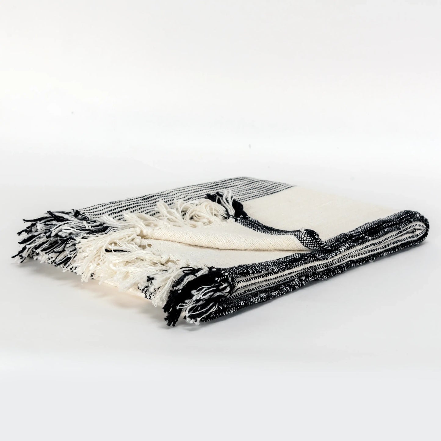 50" X 60" Black And Ivory Cotton Woven Striped Throw Blanket with Fringe - Homeroots - Flyclothing LLC