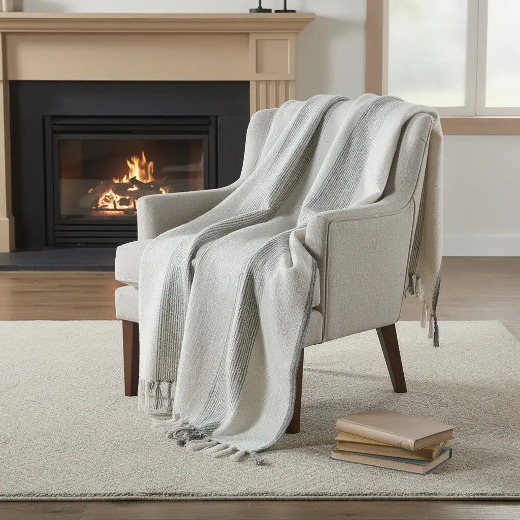 50" X 60" Gray And Ivory Cotton Woven Striped Throw Blanket with Fringe - Homeroots - Flyclothing LLC