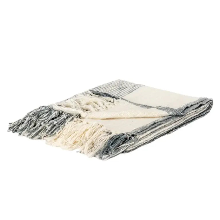 50" X 60" Gray And Ivory Cotton Woven Striped Throw Blanket with Fringe - Homeroots - Flyclothing LLC