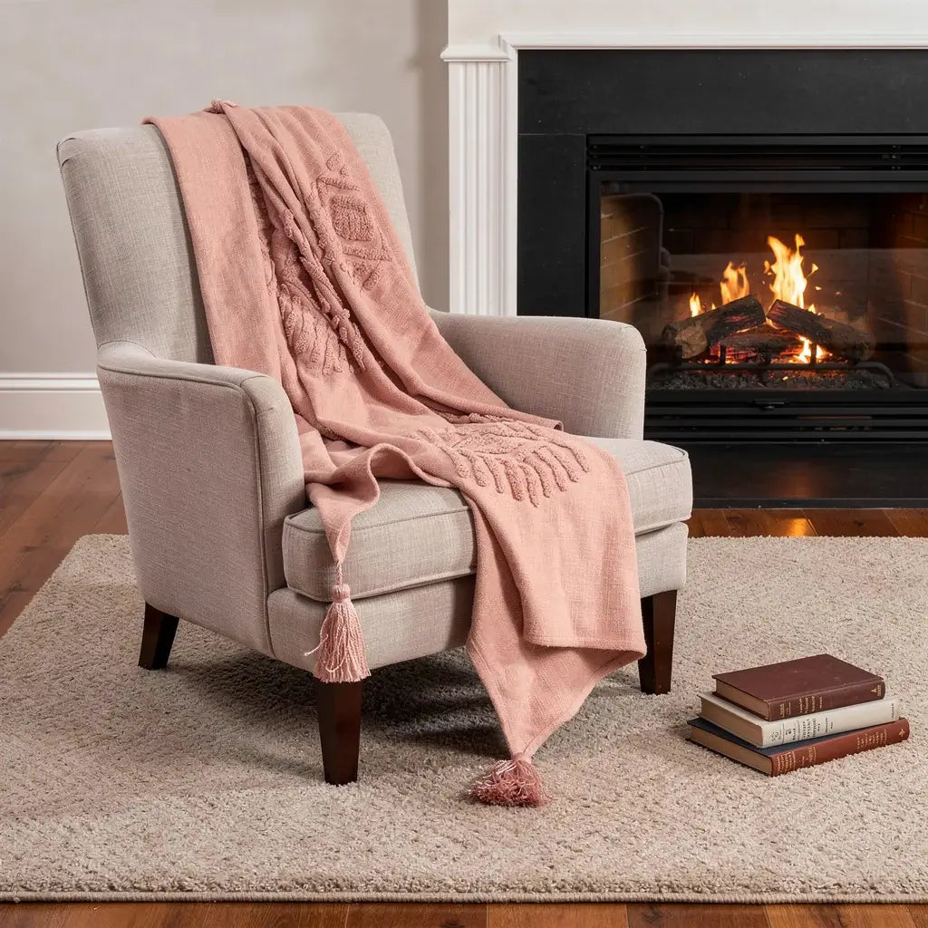 50" X 60" Coral Cotton Woven Ikat Throw Blanket with Tassels - Homeroots - Flyclothing LLC