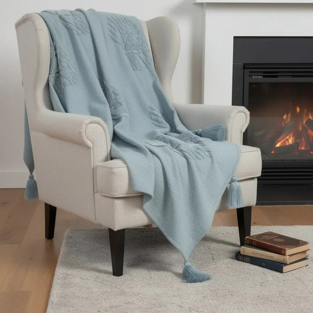50" X 60" Aqua Cotton Woven Ikat Throw Blanket with Tassels - Homeroots - Flyclothing LLC