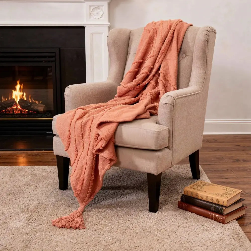 50" X 60" Coral Cotton Woven Geometric Throw Blanket with Tassels - Homeroots - Flyclothing LLC