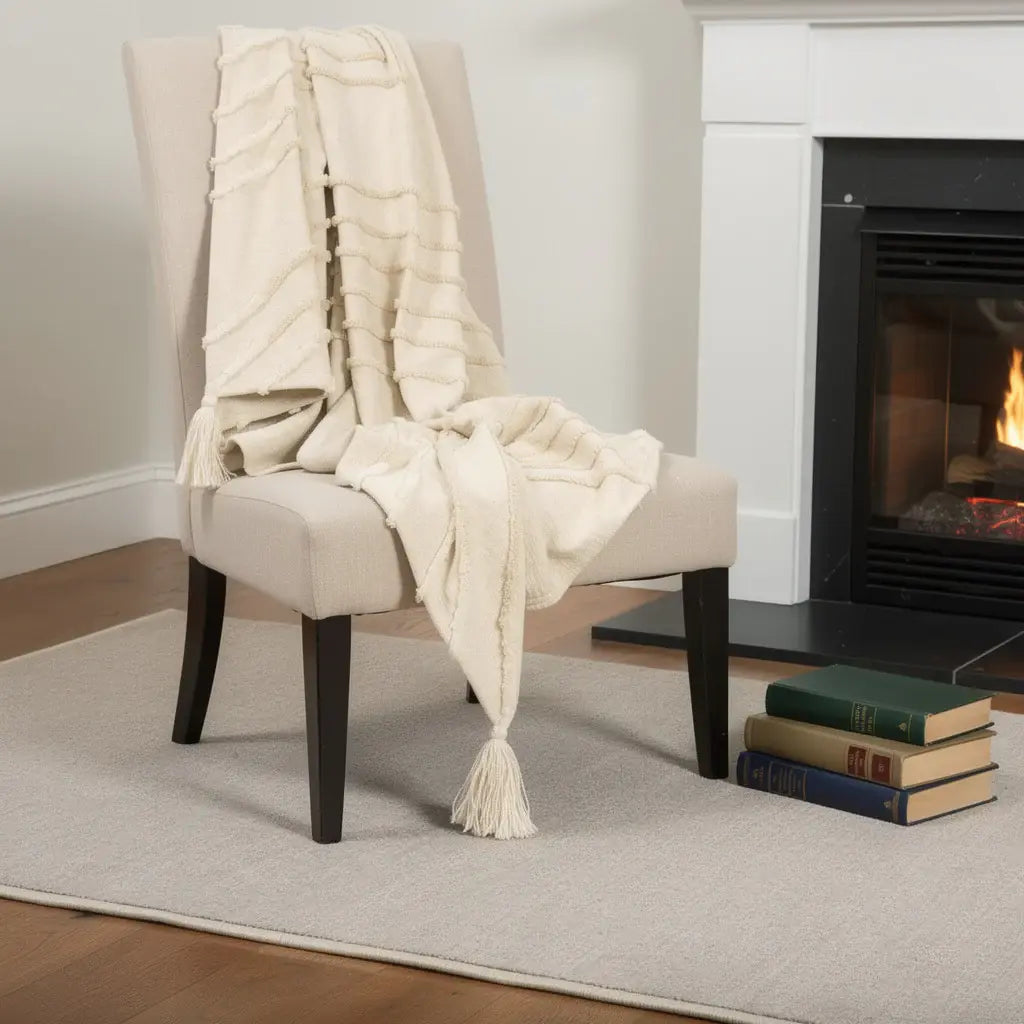 50" X 60" Natural Cotton Woven Geometric Throw Blanket with Tassels - Homeroots - Flyclothing LLC