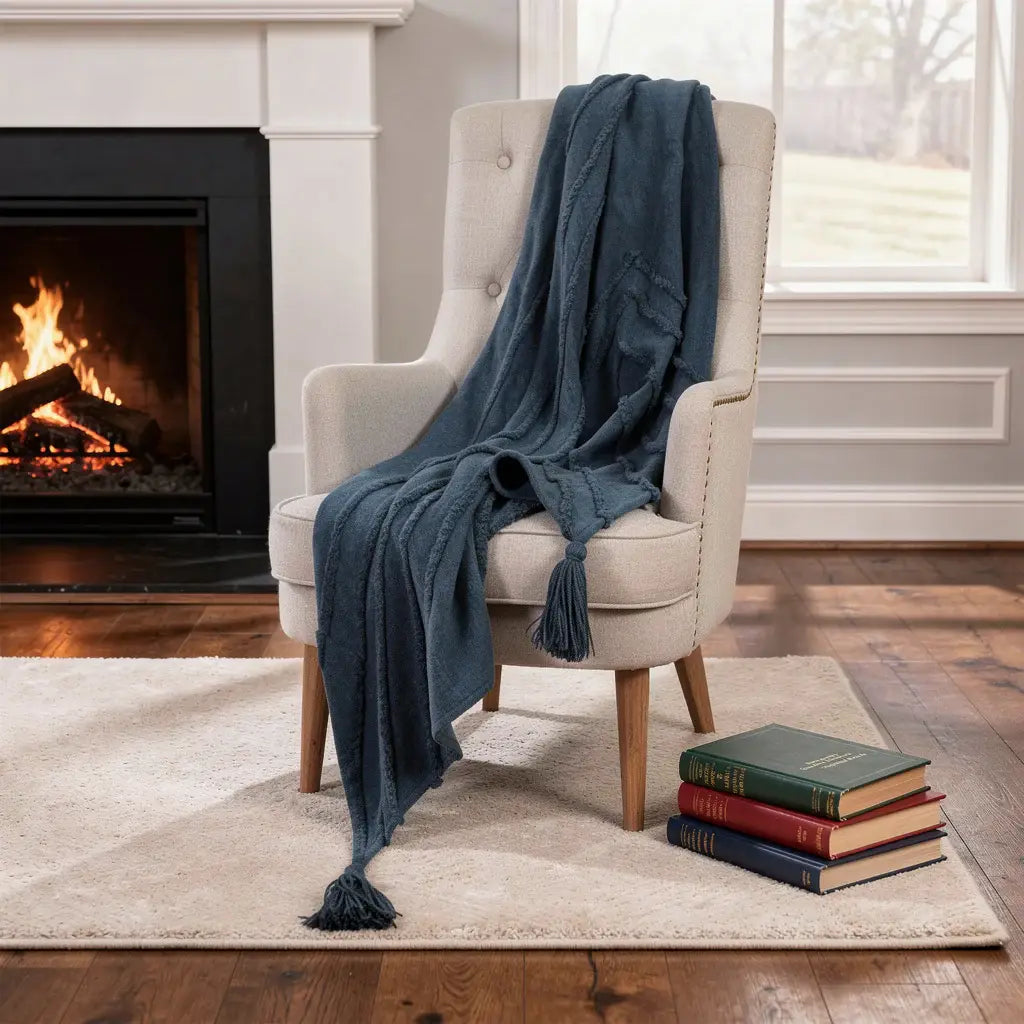 50" X 60" Blue Cotton Woven Geometric Throw Blanket with Tassels - Homeroots - Flyclothing LLC