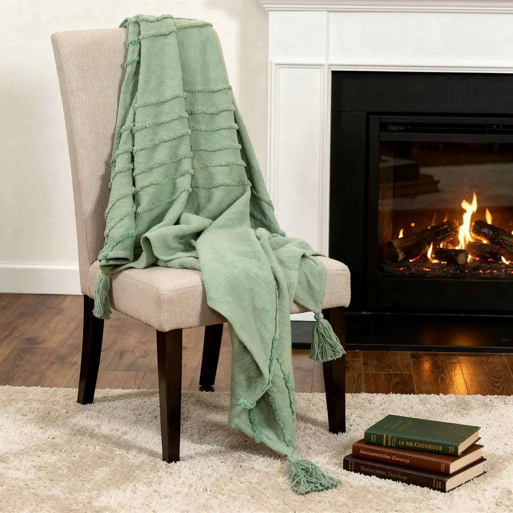 50" X 60" Green Cotton Woven Geometric Throw Blanket with Tassels - Homeroots - Flyclothing LLC