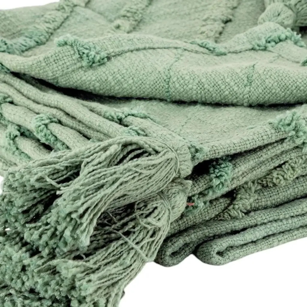 50" X 60" Green Cotton Woven Geometric Throw Blanket with Tassels - Homeroots - Flyclothing LLC