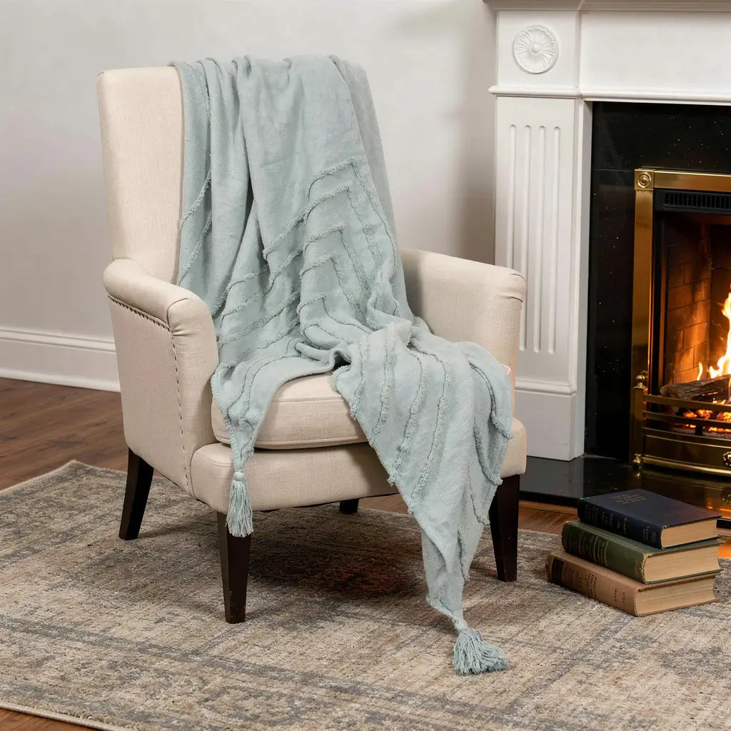 50" X 60" Aqua Cotton Woven Geometric Throw Blanket with Tassels - Homeroots - Flyclothing LLC