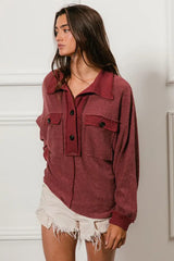 BiBi Cp French Terry Cut Edge Detail Collared Top - Trendsi - Flyclothing LLC