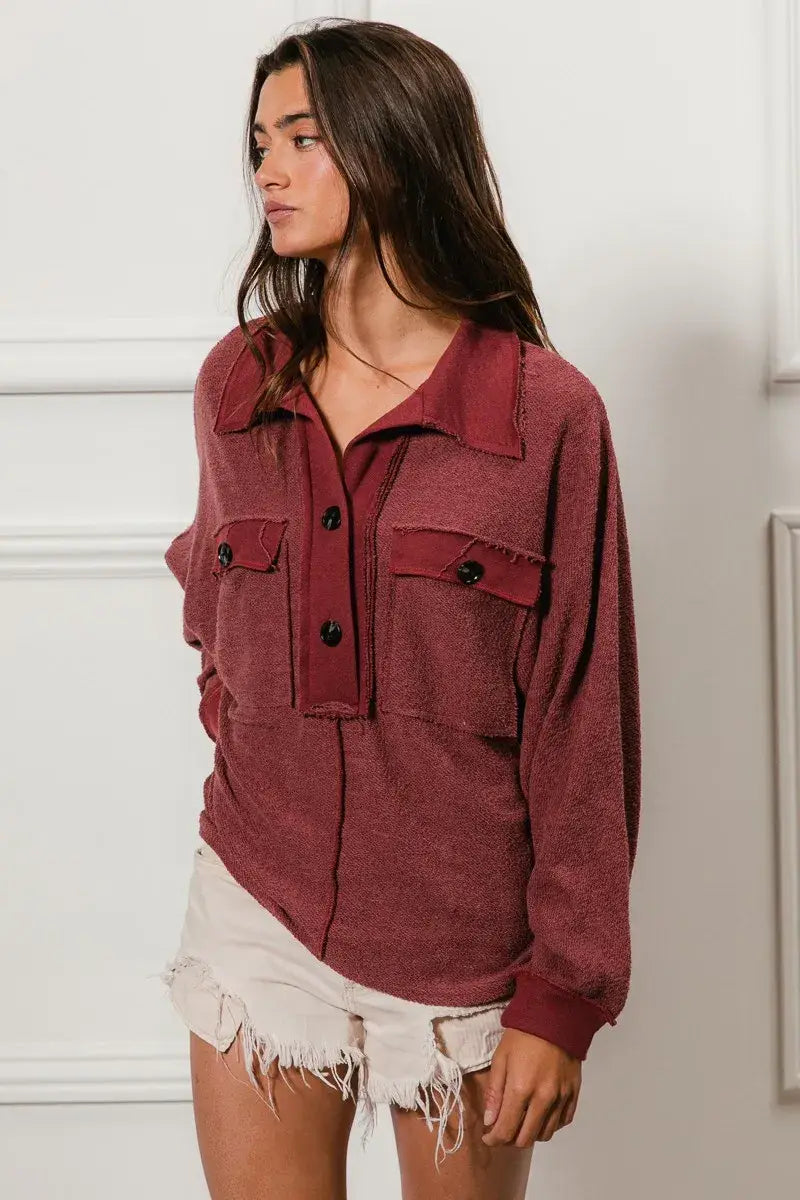 BiBi Cp French Terry Cut Edge Detail Collared Top - Trendsi - Flyclothing LLC
