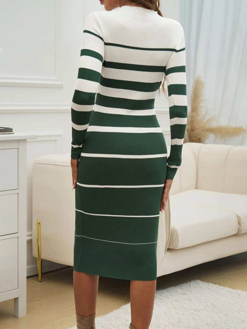 Color Block Round Neck Long Sleeve Midi Dress - Trendsi - Flyclothing LLC