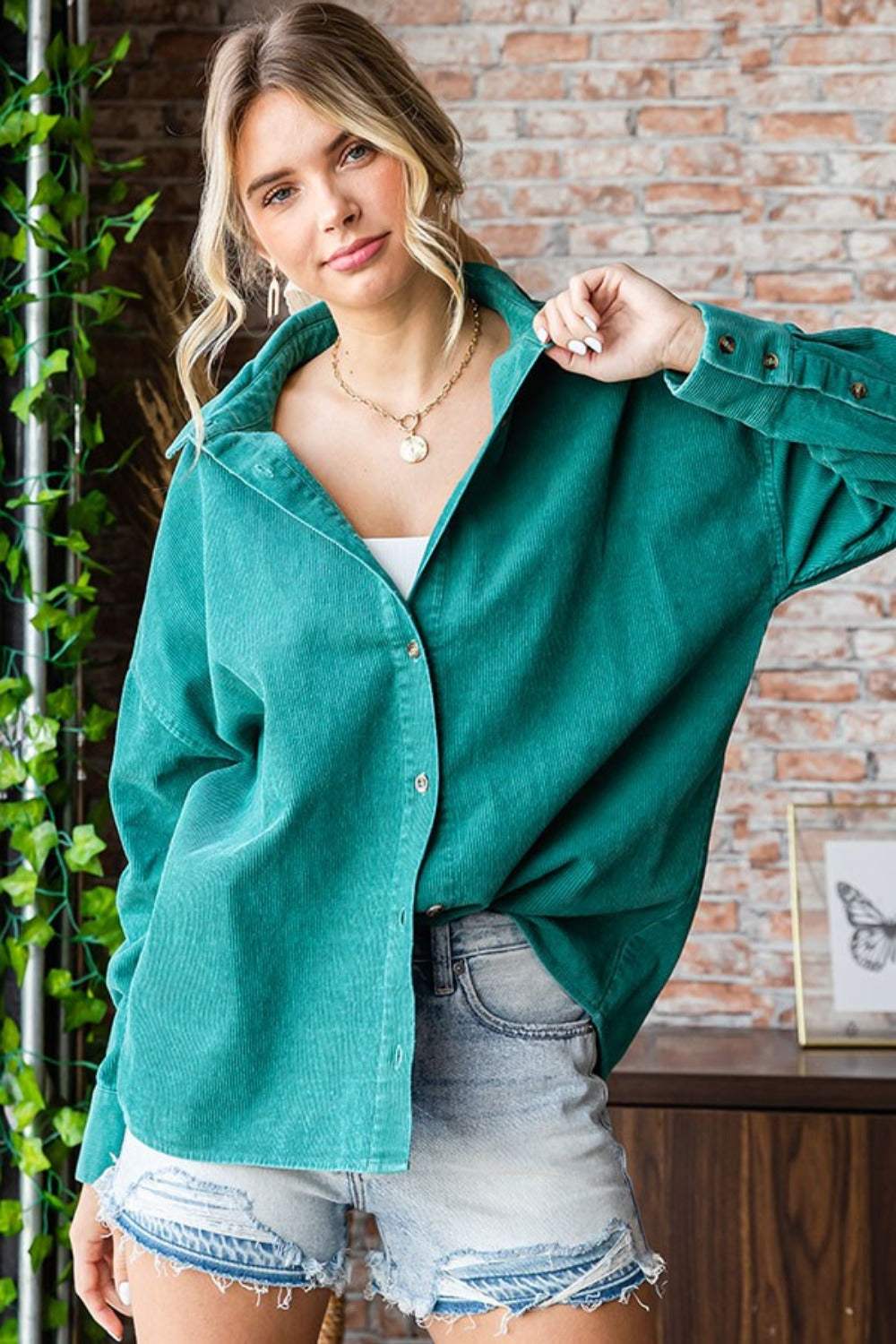 First Love Washed Corduroy Button Down Long Sleeve Shirt - Trendsi - Flyclothing LLC