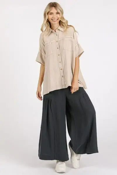 Mittoshop Mineral Wash Gauze Oversized Short Sleeve Shirt - Trendsi - Flyclothing LLC