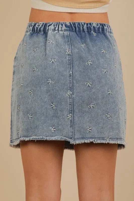 VERY J Bow Printed Casual Denim Mini Skirt - Trendsi - Flyclothing LLC