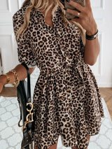 Printed Tie Waist Roll-Tab Sleeve Mini Dress - Trendsi - Flyclothing LLC