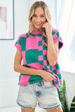 First Love Checkered Drop Shoulder Knit Top - Trendsi