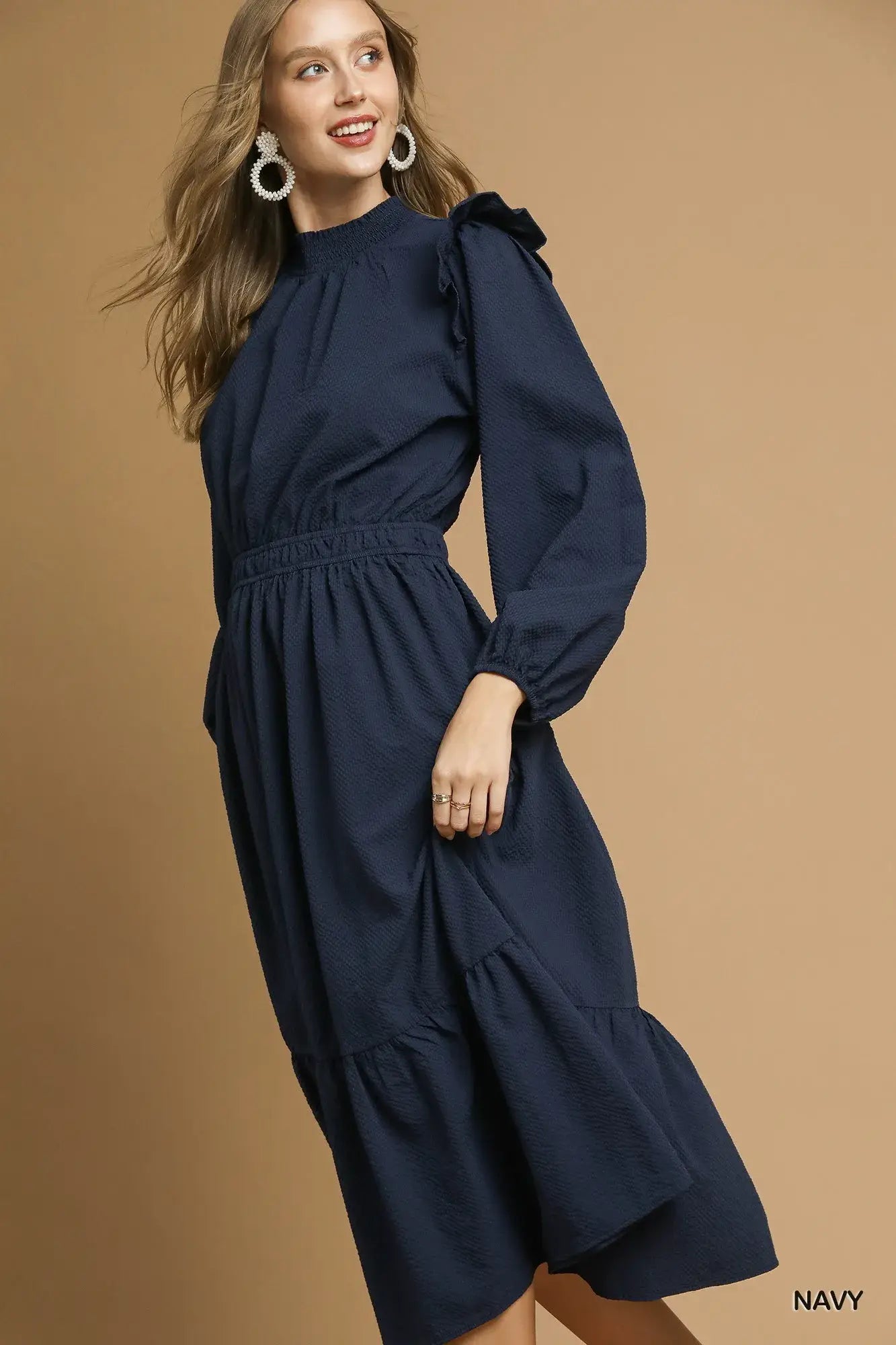 Umgee Textured Midi Dress with Ruffle Shoulder Detail - Trendsi - Flyclothing LLC