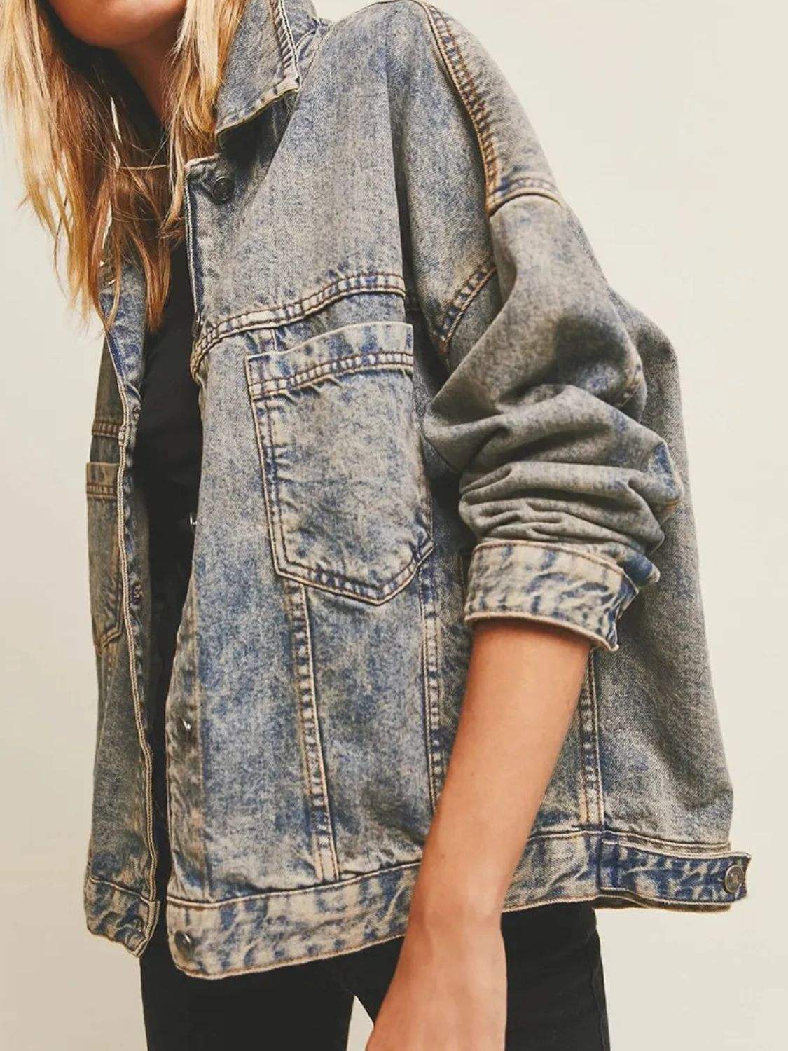 Pocketed Button Up Denim Jacket - Trendsi - Flyclothing LLC