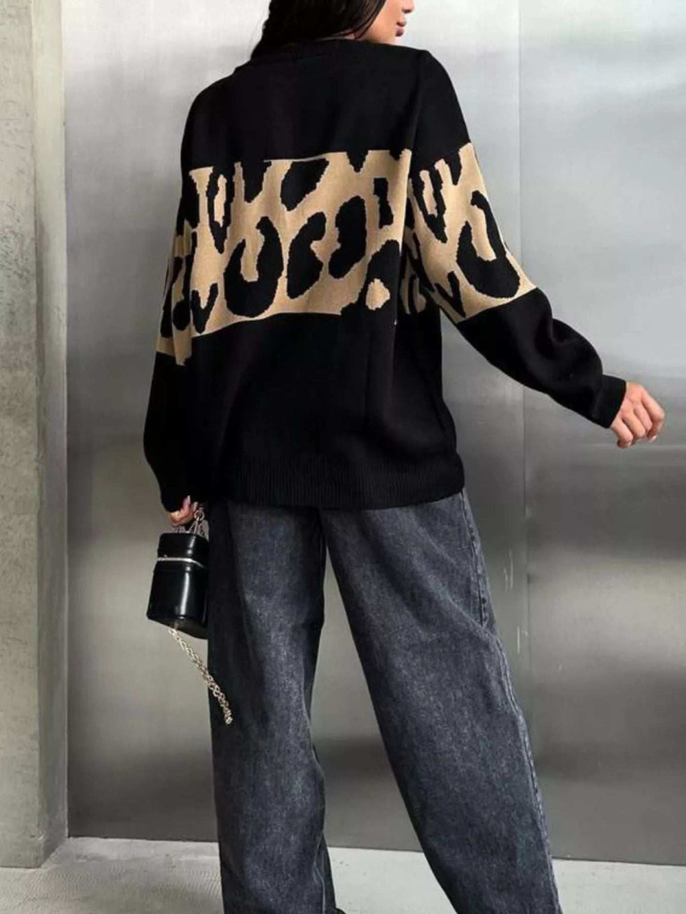 Leopard Color Block Round Neck Sweater - Trendsi - Flyclothing LLC