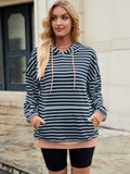 Drawstring Contrast Striped Long Sleeve Hoodie - Trendsi