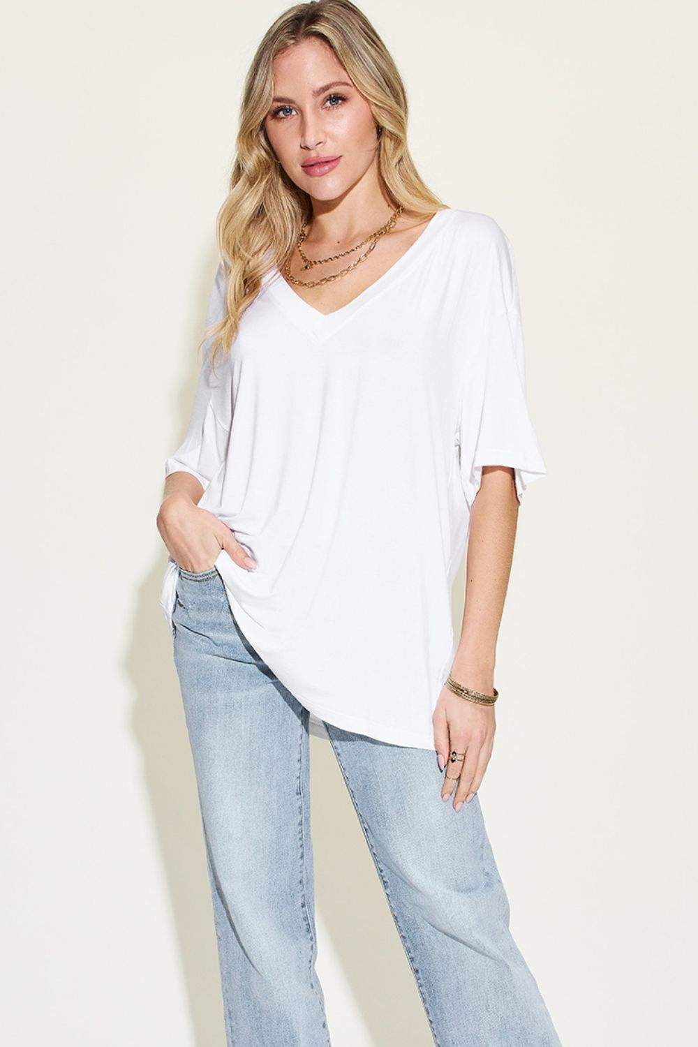 Basic Bae Full Size Bamboo V-Neck Drop Shoulder T-Shirt - Trendsi - Flyclothing LLC