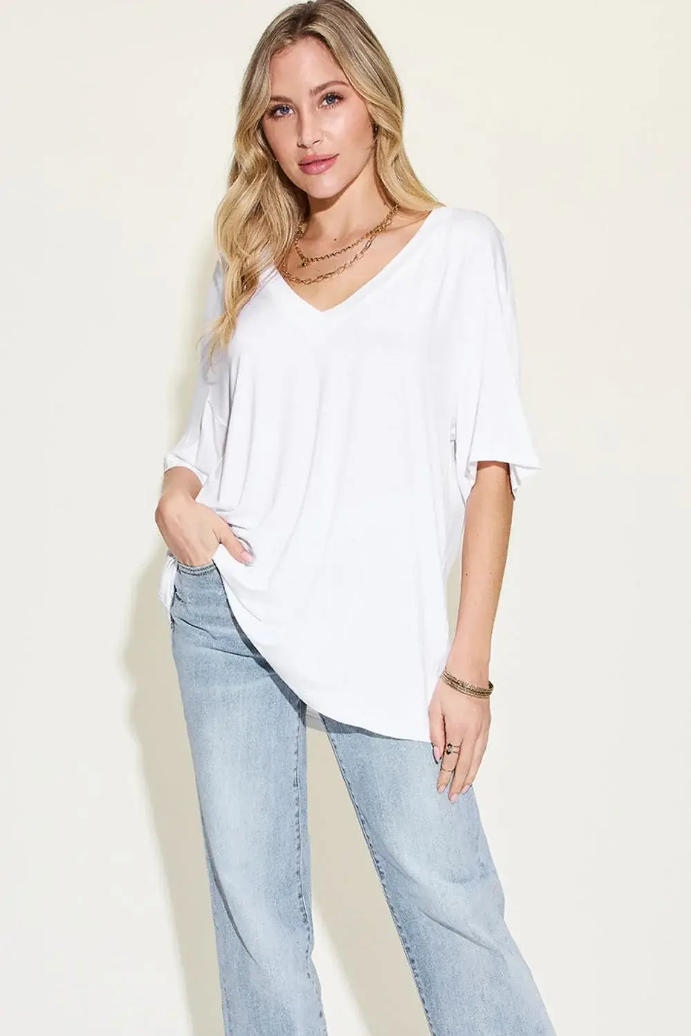 Basic Bae Full Size Bamboo V-Neck Drop Shoulder T-Shirt - ShopBasicbae - Flyclothing LLC