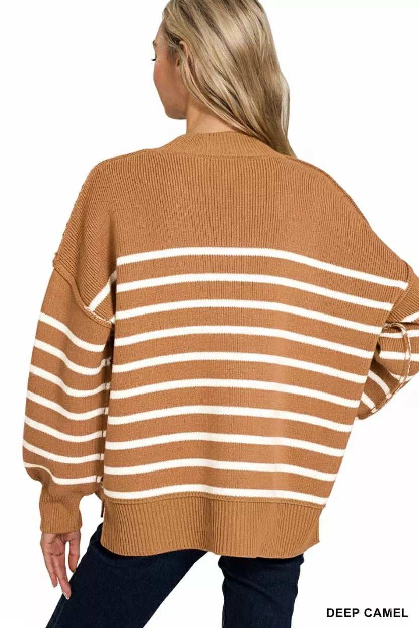 Zenana Exposed Seam Striped Oversized Sweater - Trendsi - Flyclothing LLC