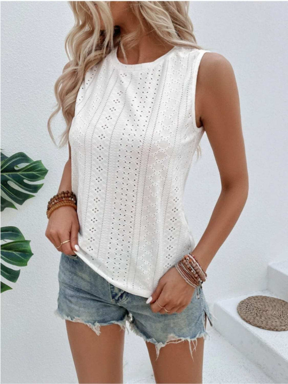 Eyelet Round Neck Tank - Trendsi - Flyclothing LLC