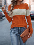 Color Block Round Neck Long Sleeve Top - Trendsi