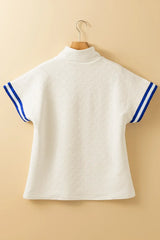 Striped Trim Textured Quarter Zipper Short Sleeve Top - Trendsi - Flyclothing LLC