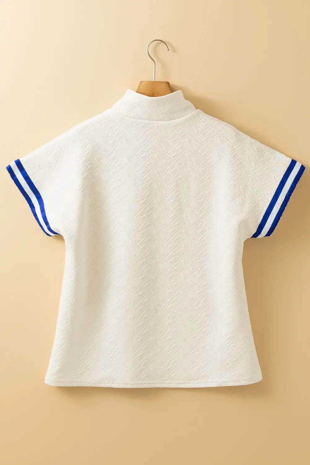 Striped Trim Textured Quarter Zipper Short Sleeve Top - Trendsi - Flyclothing LLC