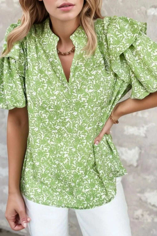 Floral Ruffle Puff Short Sleeve Frilled Notched Blouse - Trendsi - Flyclothing LLC