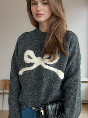 Bow Round Neck Long Sleeve Sweater - Trendsi