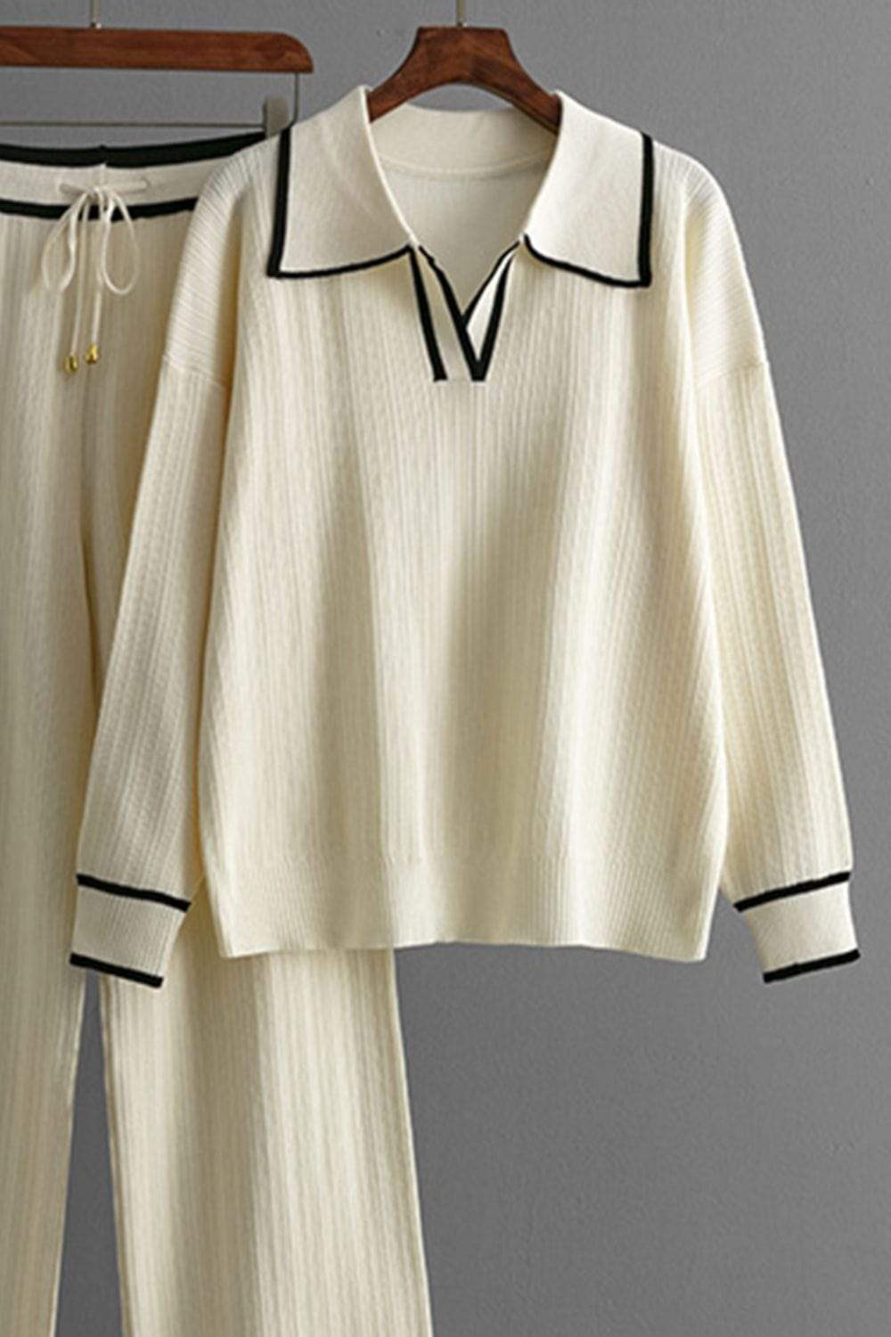 Contrast Trim Johnny Collar Top and Drawstring Pants Sweater Set - Trendsi - Flyclothing LLC