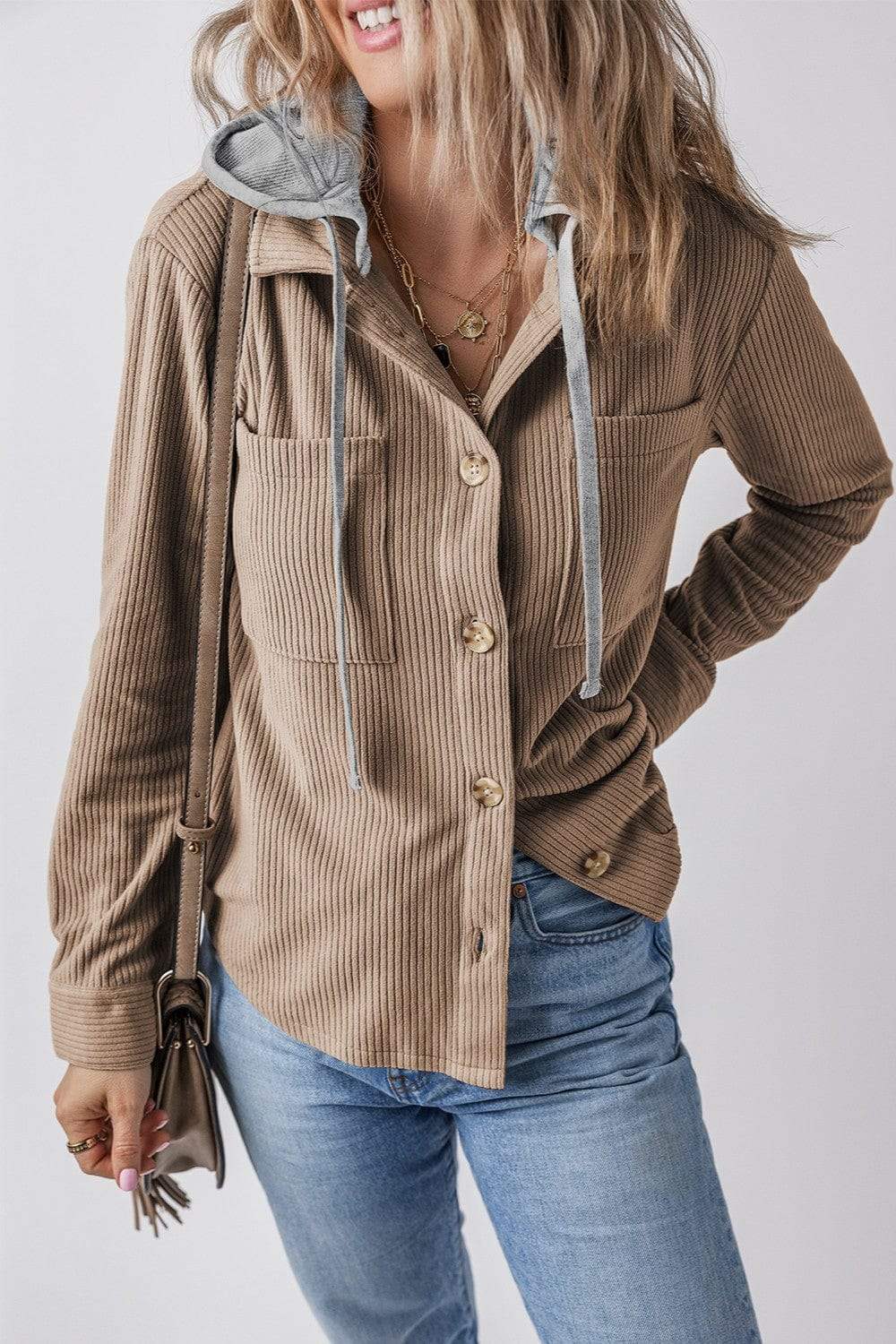 Drawstring Button Up Long Sleeve Hooded Jacket - Trendsi - Flyclothing LLC