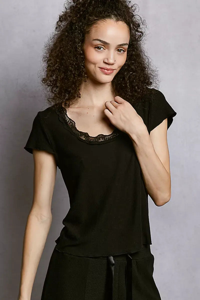 POL Round Neck Short Sleeve Crop T-Shirt with Lace Trim - Trendsi - Flyclothing LLC