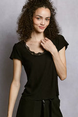 POL Round Neck Short Sleeve Crop T-Shirt with Lace Trim - Trendsi - Flyclothing LLC