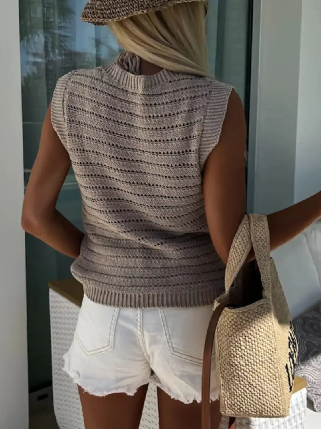 Openwork Round Neck Sweater Vest - Trendsi - Flyclothing LLC
