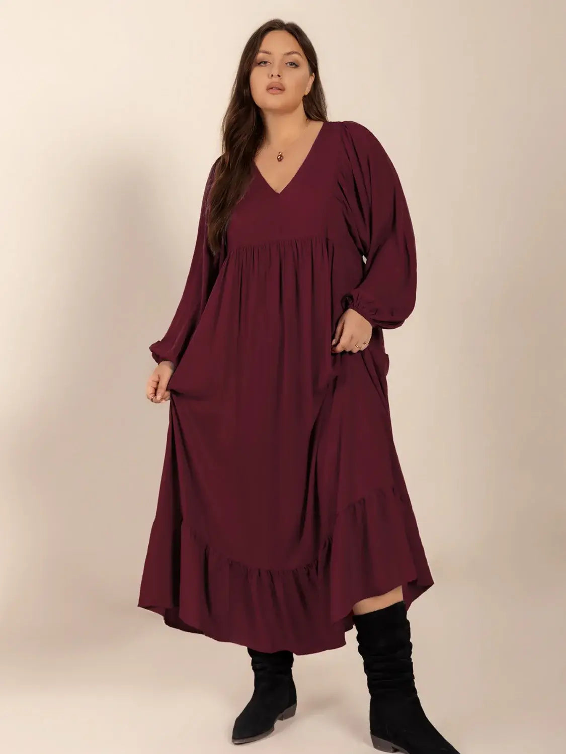 Plus Size Ruffled Hem V-Neck Balloon Sleeve Dress - Trendsi - Flyclothing LLC