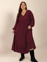 Plus Size Ruffled Hem V-Neck Balloon Sleeve Dress - Trendsi - Flyclothing LLC