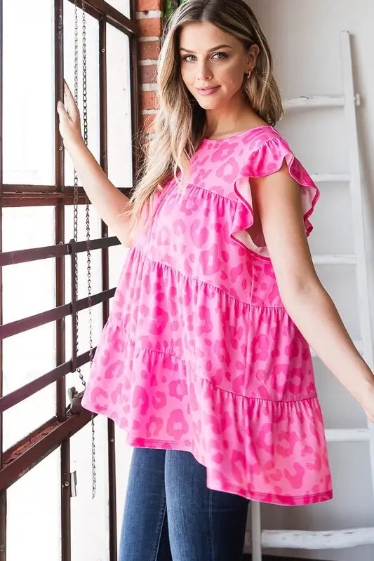 Heimish Full Size Tiered Leopard Round Neck Blouse with Ruffled Detail Plus Size - Trendsi - Flyclothing LLC