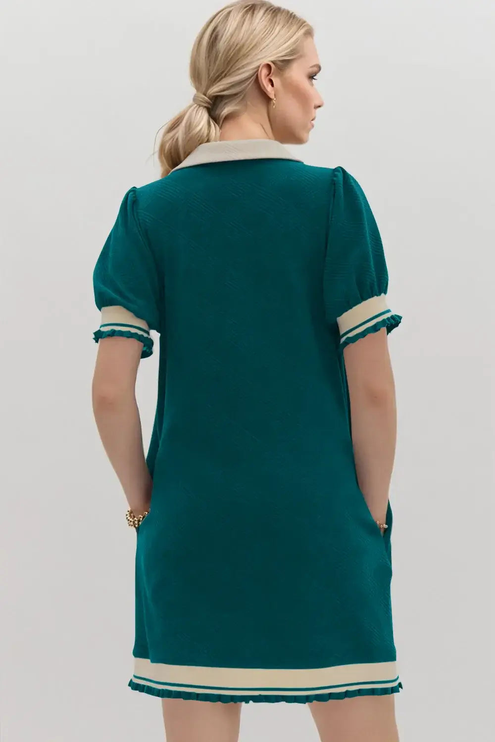 Oh Frill Contrast Trim Johnny Collar Short Sleeve Mini Dress - Trendsi - Flyclothing LLC