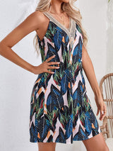 Lace Detail Printed V-Neck Sleeveless Dress - Trendsi - Flyclothing LLC