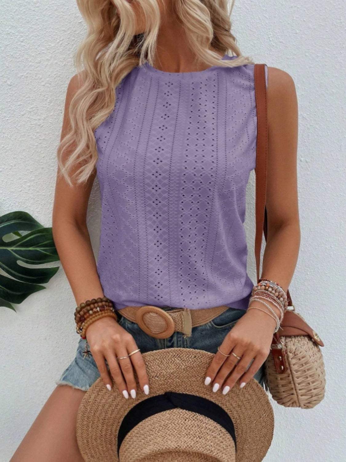 Eyelet Round Neck Tank - Trendsi - Flyclothing LLC